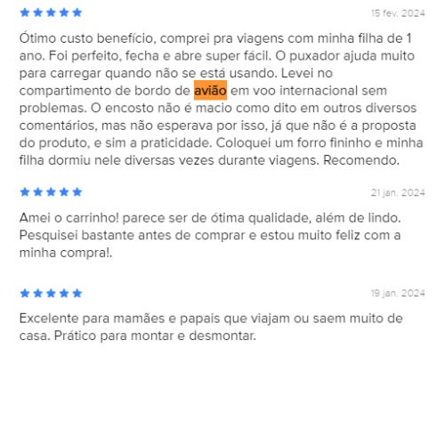 Esses são um resumo das experiências variadas dos papais e mamães compradores com o carrinho de bebê em diferentes contextos de viagem e uso diário.