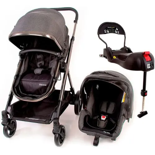 O Travel System Discover Trio da Safety 1st é ideal para quem busca praticidade e segurança para o bebê. Inclui carrinho com estrutura leve de alumínio, assento reversível e reclinável, capota com proteção UV, rodas grandes com amortecedores e freio centralizado.