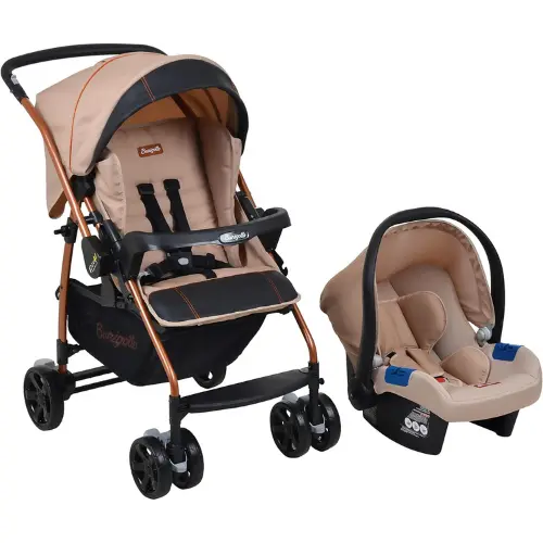 O Travel System Burigotto Rio K com Bebê Conforto Mon Amour é ideal para crianças de 0 a 3 anos, suportando até 15kg. O carrinho possui capota regulável e removível, cinto de segurança de 5 pontos, rodas giratórias com freios e cesta porta objetos.