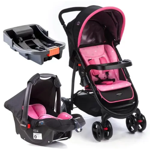 O Travel System Nexus 3.0 Trio da Cosco é ideal para bebês de 0 a 3 anos (até 15 kg). Inclui carrinho, bebê conforto com base veicular e oferece segurança e conforto para o bebê. O carrinho possui capota com proteção UV, bandeja frontal, freio centralizado, rodas grandes e apoio para os pés ajustável. O bebê conforto é certificado para aviões e possui 5 modos de uso.