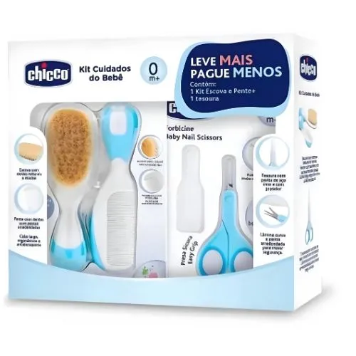 O Kit Higiene Bebê da Chicco contém escova com cerdas macias de nylon natural, pente com pontas arredondadas e tesoura de aço inoxidável com pontas arredondadas para máxima segurança. Ideal para bebês a partir de 0 meses.