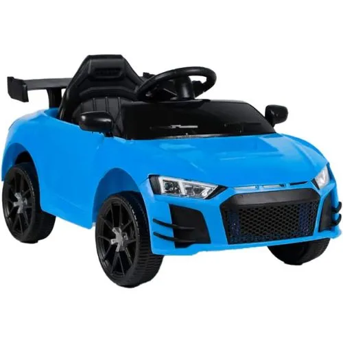 Carro elétrico infantil azul da Bang Toys com bateria 12V, luzes de LED e controle remoto.