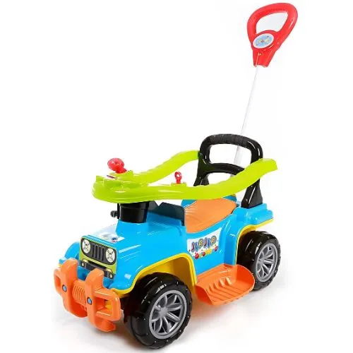 Carrinho de passeio infantil Maral Jip Jip multicolorido com chassis fechado, adequado para crianças de 13 meses a 4 anos. Equipado com haste de empurrar removível, controle de direção para adultos, gancho para pendurar bolsas de até 1,5 kg, porta-objetos sob o assento e suportando até 30 kg. Possui detalhes interativos como buzina, chave giratória e câmbio que emite som, proporcionando segurança e diversão ao brincar.