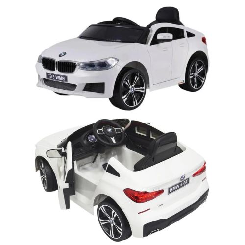 O Mini Carro Elétrico 12V BMW 6 GT Branco possui um design elegante e esportivo, inspirado no carro BMW 6 GT real.