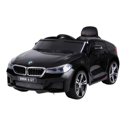 Mini carro elétrico infantil BMW 6 GT 12V preto da Importway, com luzes, sons e duas velocidades.