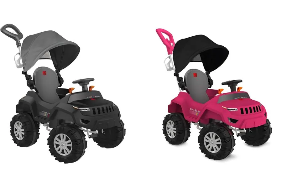 Superjipe Reclinável Passeio e Pedal - Bandeirante, veículo infantil de cor rosa com capota articulável, volante com chip sonoro, assento reclinável em 3 posições, haste de empurrar removível e suporte para garrafa. Funcionalidade dupla para passeio e pedal, adequado para crianças a partir de 12 meses, suporta até 35 kg.