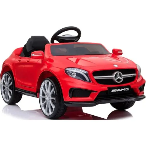 Carro Elétrico Infantil Bang Toys, modelo Mercedes-Benz 12V recarregável na cor vermelha. Inclui controle remoto, luzes de LED, som de motor, entrada USB/P2 e portas que abrem. Indicado para crianças acima de 3 anos, com peso máximo suportado de 30kg. Dimensões do produto: 100 x 49 x 30 cm.