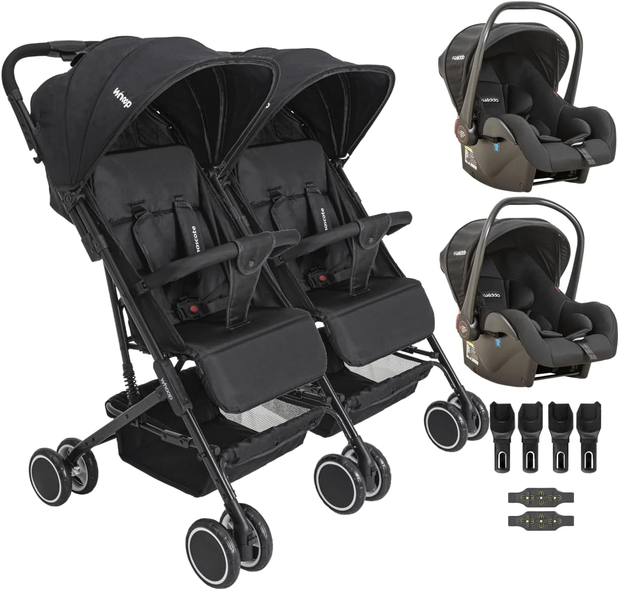 Carrinho de bebê duplo Kiddo preto com dois bebês conforto acoplados