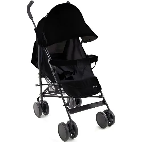 Carrinho de bebê modelo Hobby da marca Cosco, cor Preto Mescla. Adequado para bebês desde o nascimento até 15 kg, possui estrutura em aço carbono, fechamento tipo guarda-chuva, capota ampla com proteção UV50+, inclinação ajustável em três posições, incluindo uma reclinação completa. Vem com apoio de pés ajustável, manoplas ergonômicas, e barra frontal macia com cinto de segurança de cinco pontos.