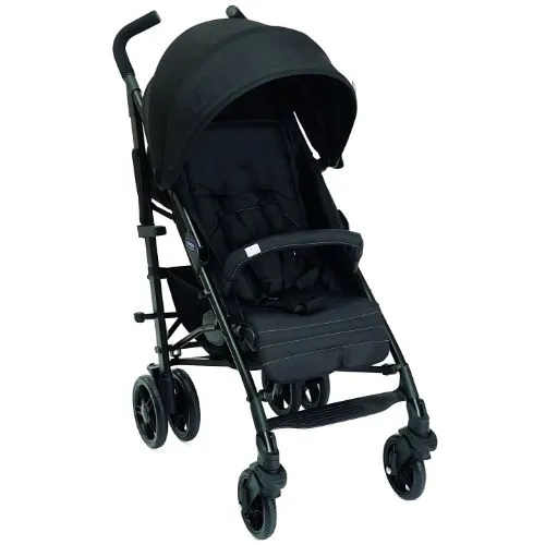 Carrinho de bebê Chicco Lite Way 4 Jet Black, leve e prático, com design compacto. Estrutura em aço inoxidável e tecido em poliéster preto. Possui capota extensível, ajuste de apoio para os pés e pernas, cinco posições de recline, barra de proteção e cinto de segurança de cinco pontos. Ideal para passeios do dia a dia, com fechamento guarda-chuva para fácil transporte e armazenamento.