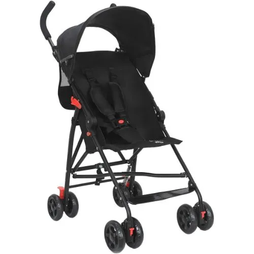 Carrinho de Bebê Maxi Baby Passeio modelo Guarda Chuva MOVEE na cor preta. Estrutura leve e compacta, com fechamento tipo guarda-chuva, adequado para bebês a partir de 6 meses até 15 kg. Equipado com cinto de segurança ajustável de 5 pontos, capota retrátil, rodas duplas para estabilidade, freios nas rodas traseiras e roda frontal giratória. Inclui bolso porta-objetos e possui estrutura em aço, PP e poliéster. Aprovado pelo Inmetro e fácil de montar e fechar.