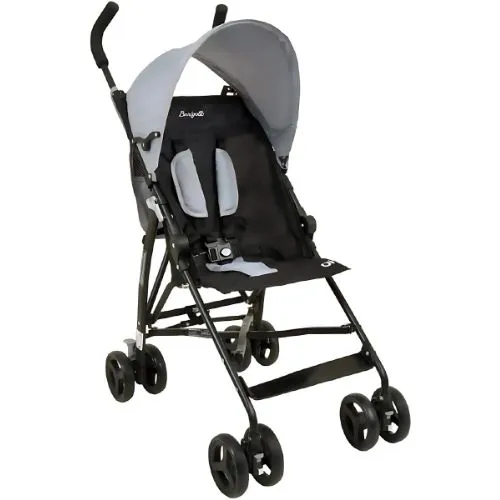 Carrinho de bebê Oi, da marca Burigotto, nas cores preto e cinza. Modelo compacto tipo guarda-chuva, projetado para bebês a partir de 6 meses até 15 kg. Possui cinto de segurança de 5 pontos, capota removível com trava, rodas dianteiras giratórias com trava e protetor de ombro no cinto. Medidas: 70 cm de comprimento, 46 cm de largura e 97 cm de altura quando aberto, e 103 cm de comprimento, 25 cm de largura e 106 cm de altura quando fechado. Peso de 4,6 kg.