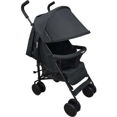 Carrinho de Passeio para Bebê Park, marca Voyage, cor preta. Estrutura leve em liga de aço, com assento ajustável e múltiplas posições, adequado para bebês desde o nascimento até 15 kg. Equipado com capota extensível com visor, rodas duplas com freios interligados, trava de movimento, barra frontal, cinto de segurança de 5 pontos, e apoio ajustável para os pés. Fechamento compacto tipo guarda-chuva para fácil transporte.