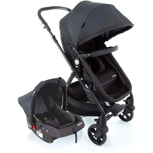 Carrinho de bebê Cosco Poppy Duo em Preto Mescla, com assento reversível, função moisés, capota retrátil UV30+, e manopla ajustável. Inclui bebê conforto Wizz, ideal para até 15 kg. Prático e confortável para pais e bebês, design sofisticado e seguro.