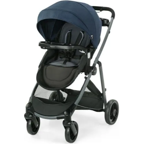 Carrinho de Passeio Graco TS ModesElement Azul: Assento reclinável, cinto de segurança ajustável, rodas giratórias e freios, ideal para passeios confortáveis com bebês.