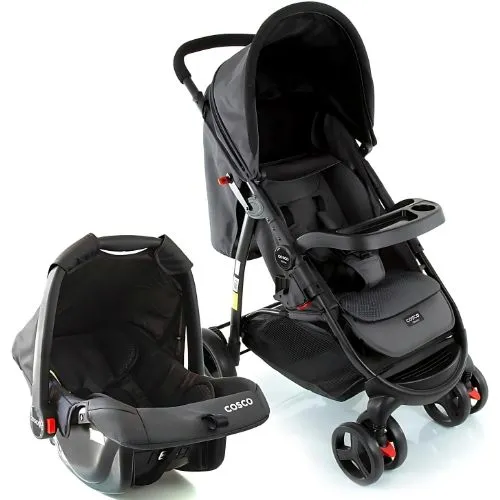 Carrinho de bebê Cosco Kids Travel System Nexus na cor Preto Mescla, com bebê conforto, múltiplas posições de reclínio, capota extensível e apoio para os pés ajustável, ideal para bebês desde o nascimento. Inclui assento confortável e acolchoado, com cinto de segurança de 5 pontos e almofada redutora removível.