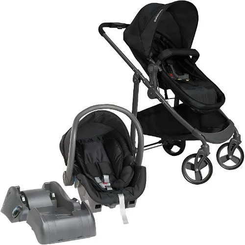 Carrinho de bebê Galzerano Olympus preto com bebê conforto e base, reclinável e prático para recém-nascidos.