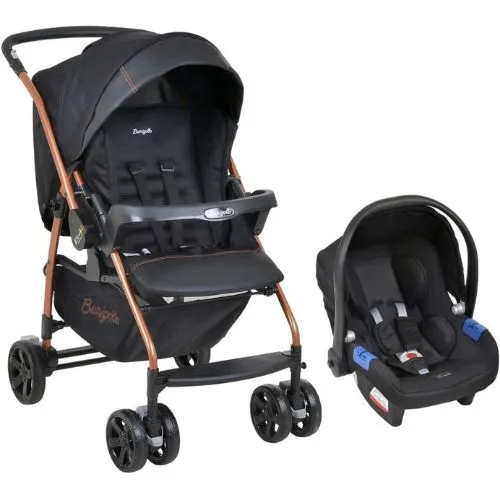 Carrinho de bebê Burigotto Rio K preto e cobre com bebê conforto acoplado.