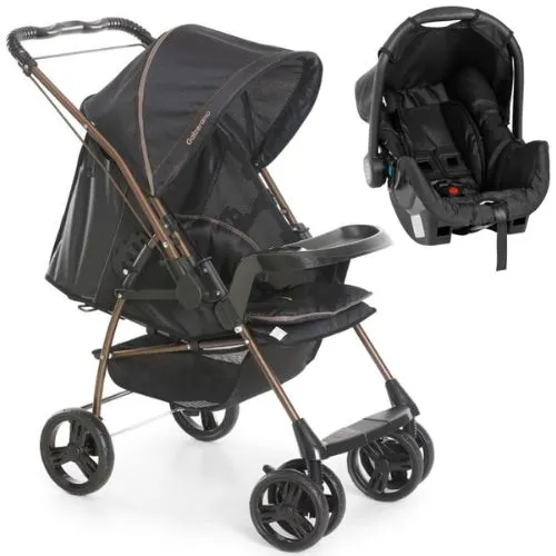 Carrinho Milano Rev II com bebê conforto Grid, cor preto cobre.