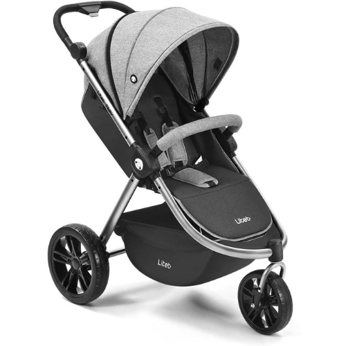 Carrinho de bebê Jogger Sway 3 rodas preto e cinza da Litet, com capota retrátil e estrutura robusta.