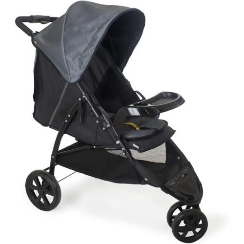 Carrinho de bebê 3 rodas Galzerano Cross Trail preto e cinza, reclinável e com estrutura leve.