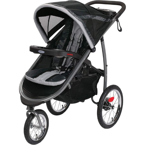 Carrinho de bebê esportivo Graco FastAction com 3 rodas, na cor preta.