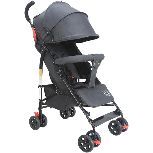 Carrinho de bebê guarda-chuva Maxi Baby LINK preto, com estrutura leve, capota, cesto e encosto reclinável.
